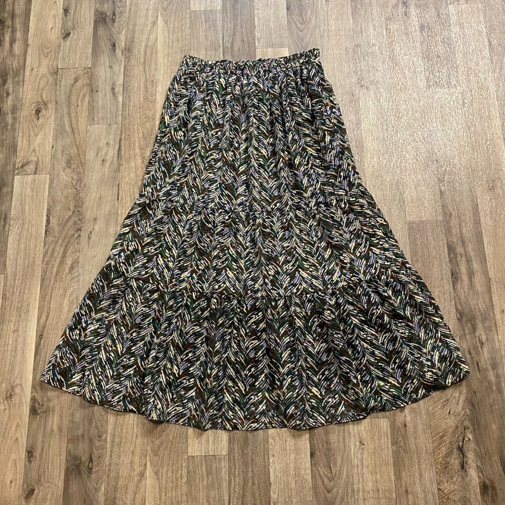 Ophelia Roe Patterned Tiered Maxi Skirt Size Small Green Purple Gold - Picture 3 of 7